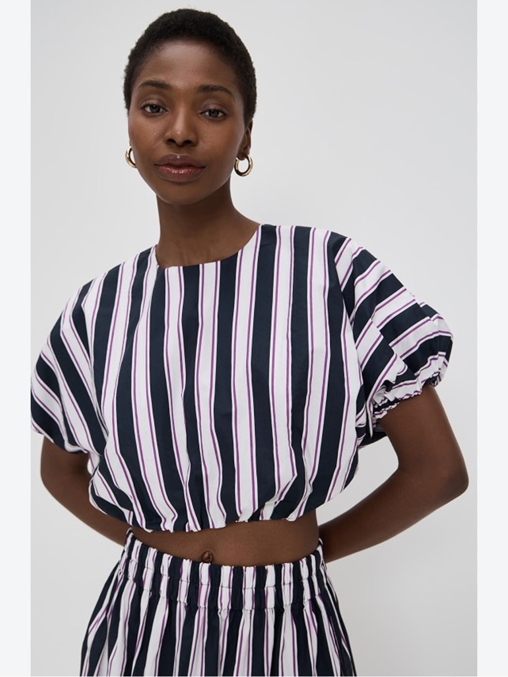 Micoh Striped Navy and White Cropped Puff-Sleeve Top
